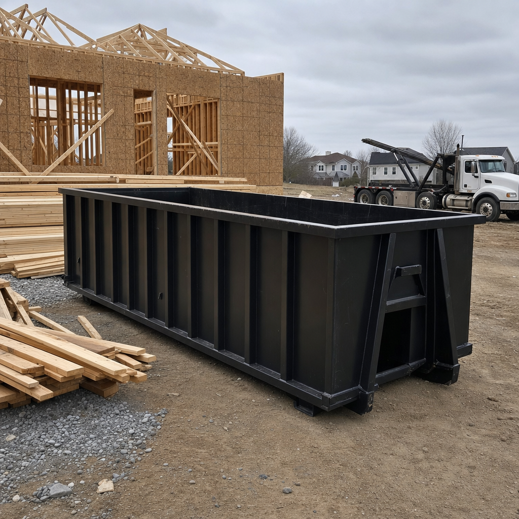 Matte-black 40-yard roll-off dumpster staged on a framed-out residential construction site in Tacoma, framing lumber stacked nearby, hooklift delivery truck visible in the background under bright Colorado daylight