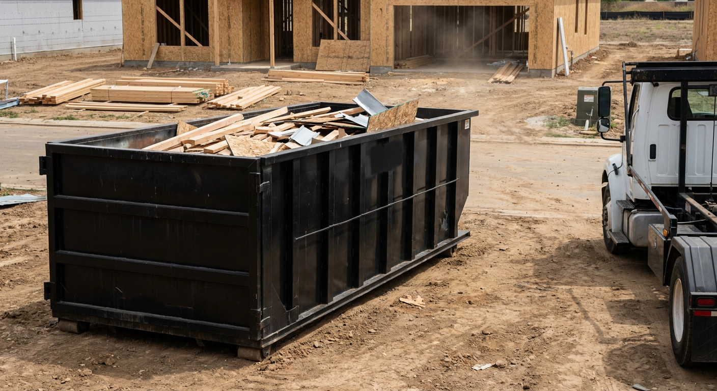 Matte-black 20-yard roll-off construction dumpster with heavy ribbed steel sidewalls and swing rear doors at a working jobsite in Tacoma, sitting directly on compacted dirt with an unmarked white hauler partially visible at the far edge of the frame.