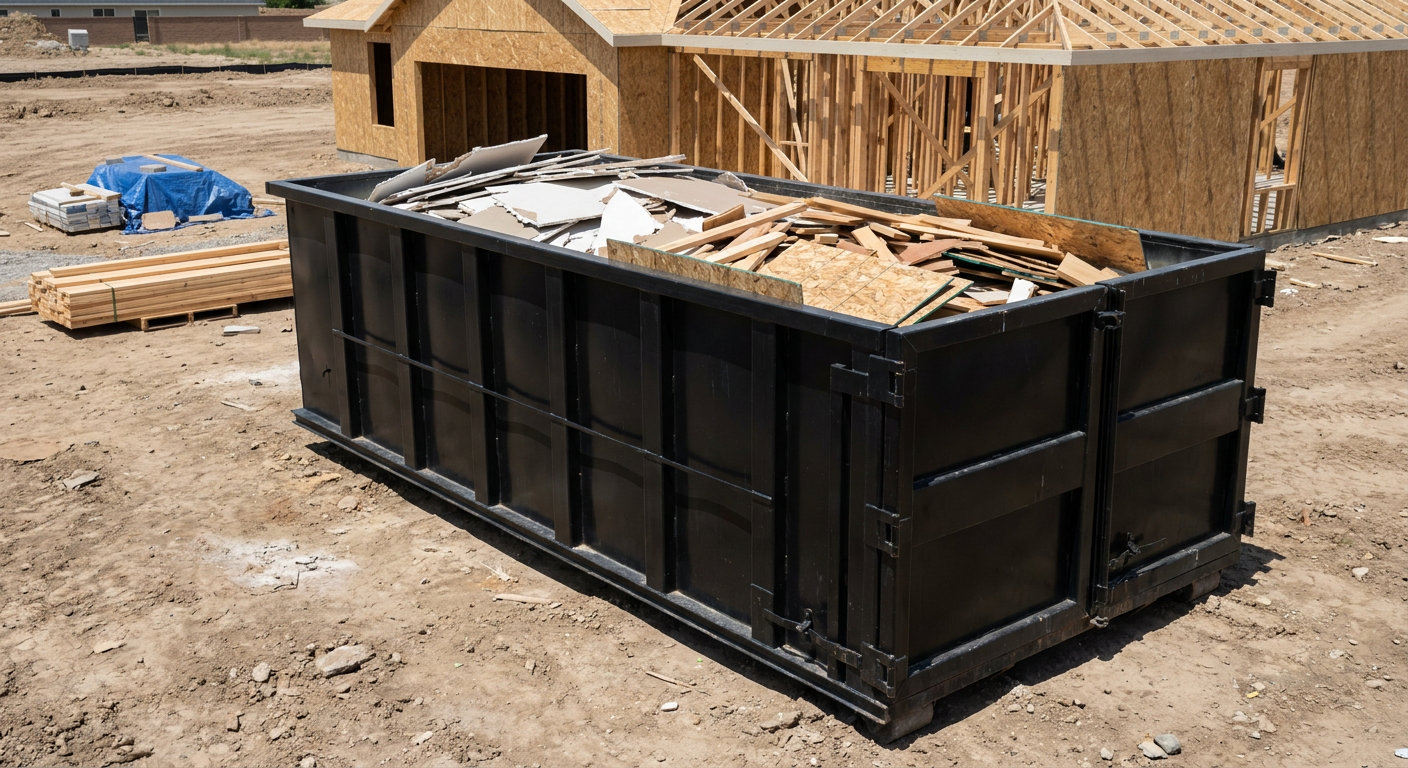 Matte-black 30-yard roll-off construction dumpster sitting directly on the compacted-dirt site of a framed single-family home build in Tacoma, drywall and lumber scrap loaded inside.