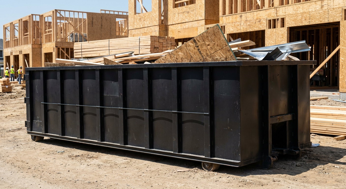 Matte-black 40-yard roll-off construction dumpster being lowered from a white-cab hooklift delivery truck onto the compacted-dirt jobsite at a commercial build site in Tacoma