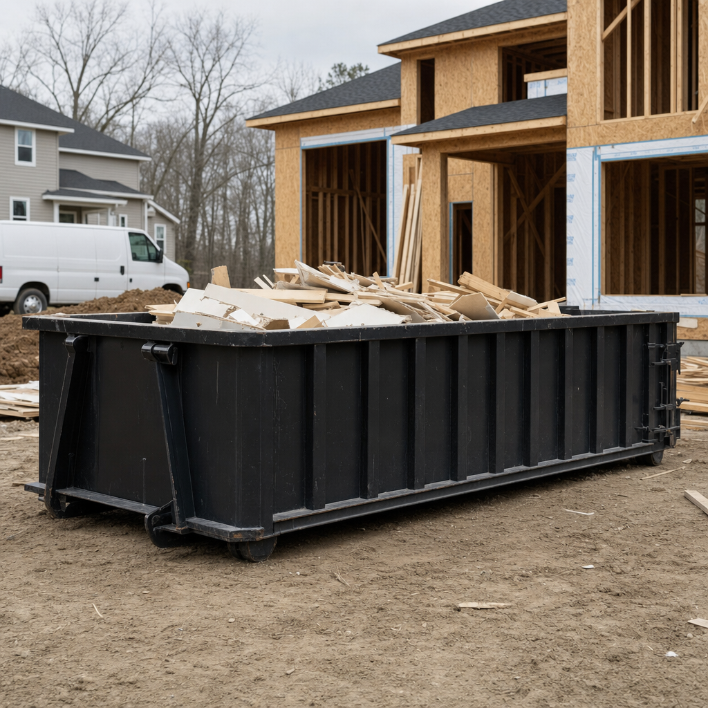 Worker in a yellow high-visibility vest tossing framing lumber and broken drywall into a matte-black 30-yard construction roll-off dumpster on an active build site in Tacoma, bright daylight