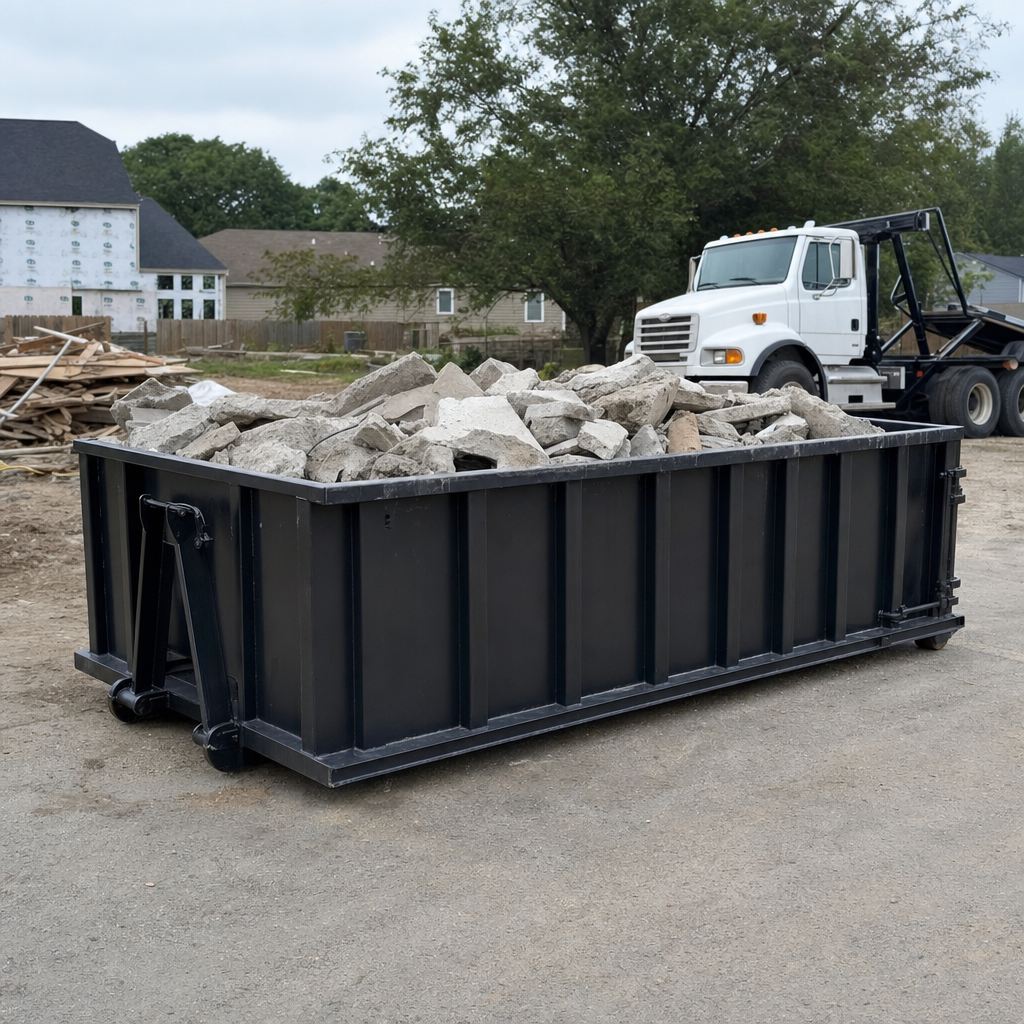 Low-profile matte-black lowboy roll-off dumpster loaded with broken concrete slab and rebar at a foundation tear-out in Tacoma, skid steer parked beside it, sunny Colorado morning