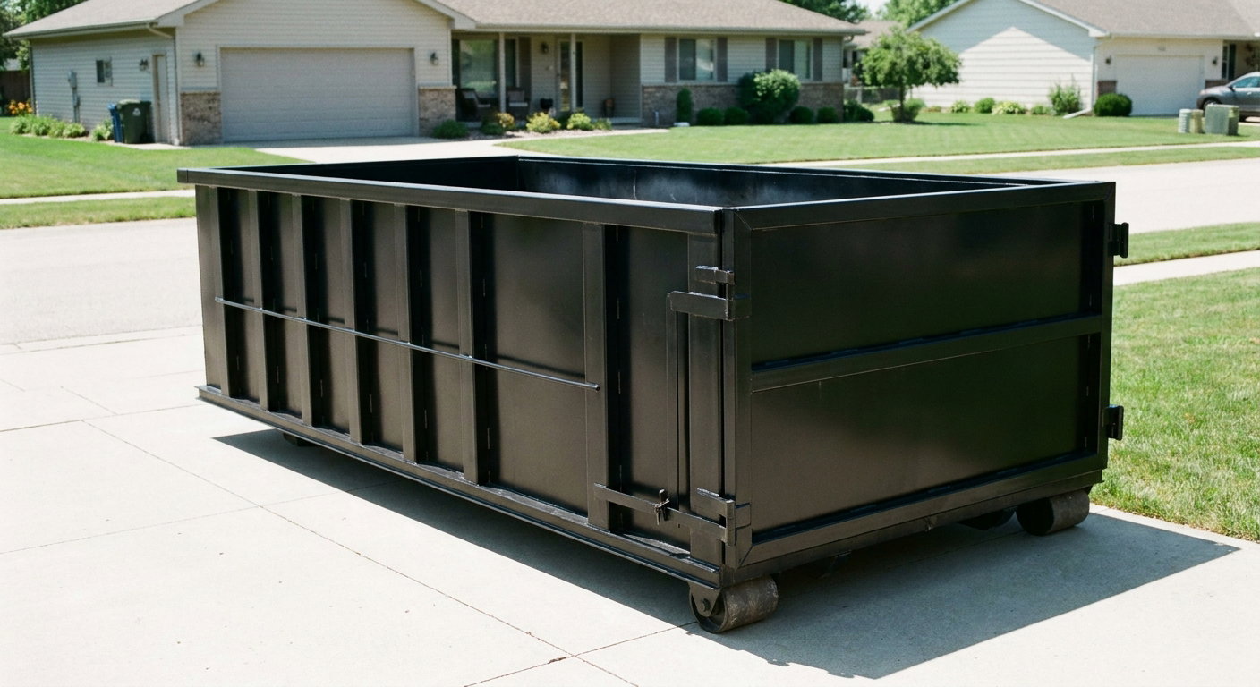 Matte-black 10-yard roll-off dumpster on a residential concrete driveway in Tacoma, uniformly painted matte black across every panel and rail, ribbed steel sidewalls and rear swing door visible, mid-day daylight.
