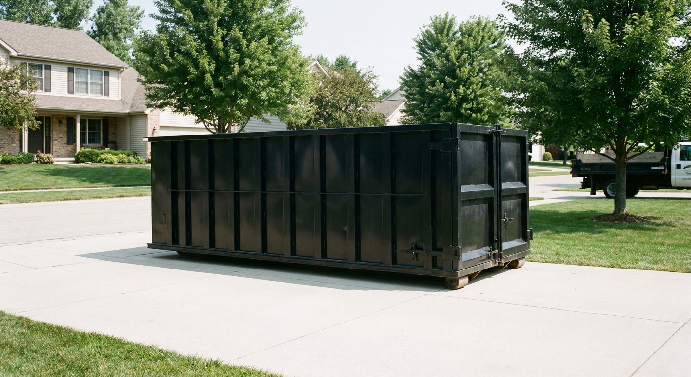 Matte-black 20-yard roll-off dumpster sitting level on a clean Tacoma residential concrete driveway under bright daylight, demonstrating clean placement directly on the concrete.