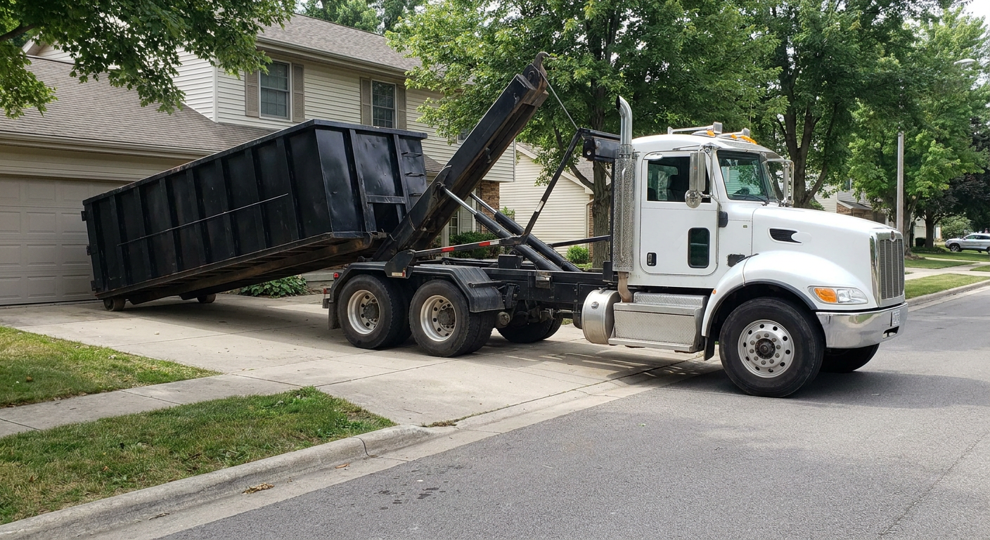 White-cab hooklift roll-off truck actively lowering a matte-black dumpster onto a Tacoma residential concrete driveway, the dumpster's rear wheels touching the driveway as the hoist arm tilts the bed forward, mid-morning daylight.