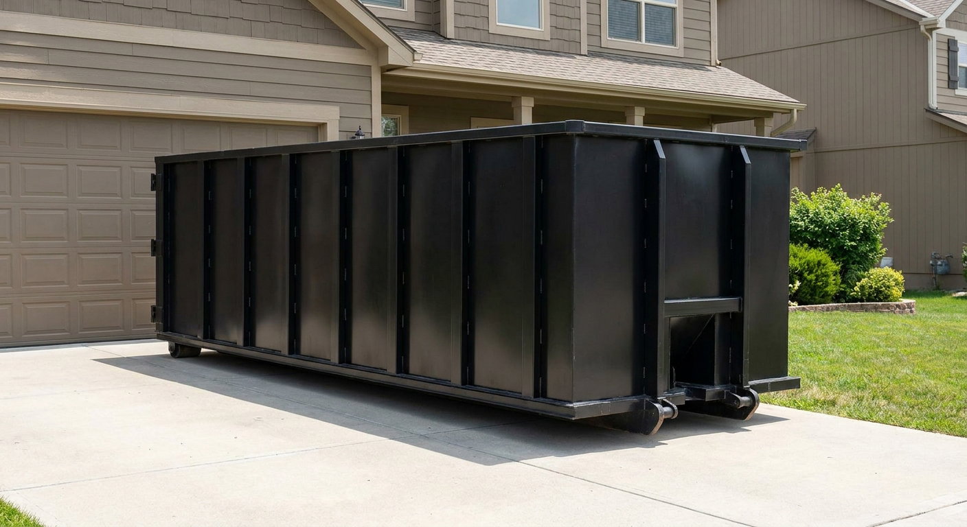 Matte-black residential roll-off dumpster sitting directly on a suburban Tacoma concrete driveway, garage door closed, single-family home in background, bright morning daylight.