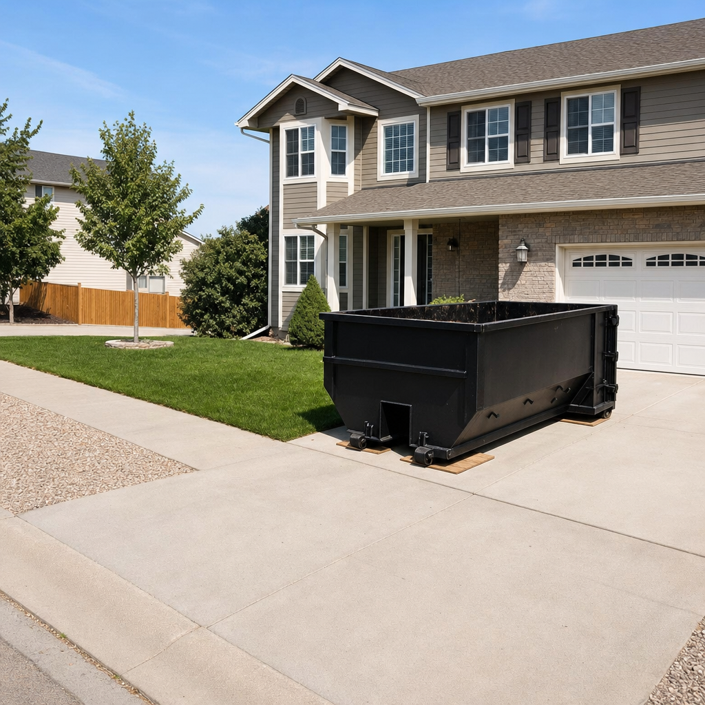 10-yard matte-black residential dumpster placed directly on a narrow Tacoma concrete driveway, room remains for a parked sedan beside it, mid-morning natural light