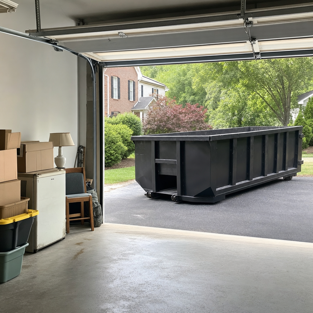 Open garage interior in a Tacoma home mid-cleanout — boxed items, an old appliance, and stacked yard tools queued near the driveway for a matte-black roll-off dumpster, organized and calm