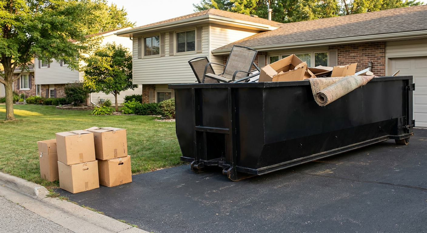 Front-yard view of a Tacoma split-level home with a 20-yard matte-black roll-off dumpster sitting directly on the asphalt driveway, a few clearly labeled donation boxes staged at the curb, calm sunny afternoon.