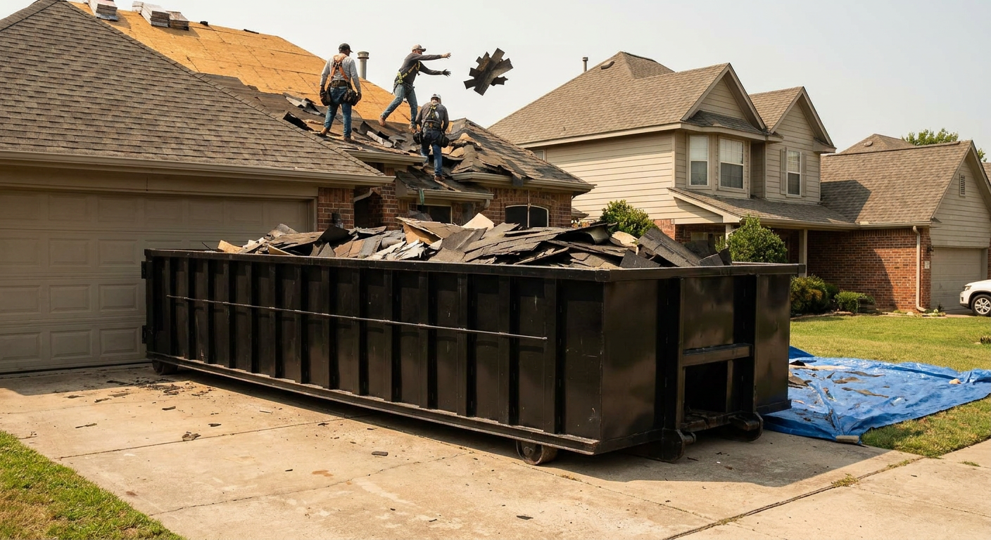 Matte-black roofing roll-off dumpster placed directly on a Tacoma residential concrete driveway, a tear-off crew on a two-story asphalt-shingle roof tossing shingle bundles into the low-walled container, bright daylight, documentary 35mm perspective.