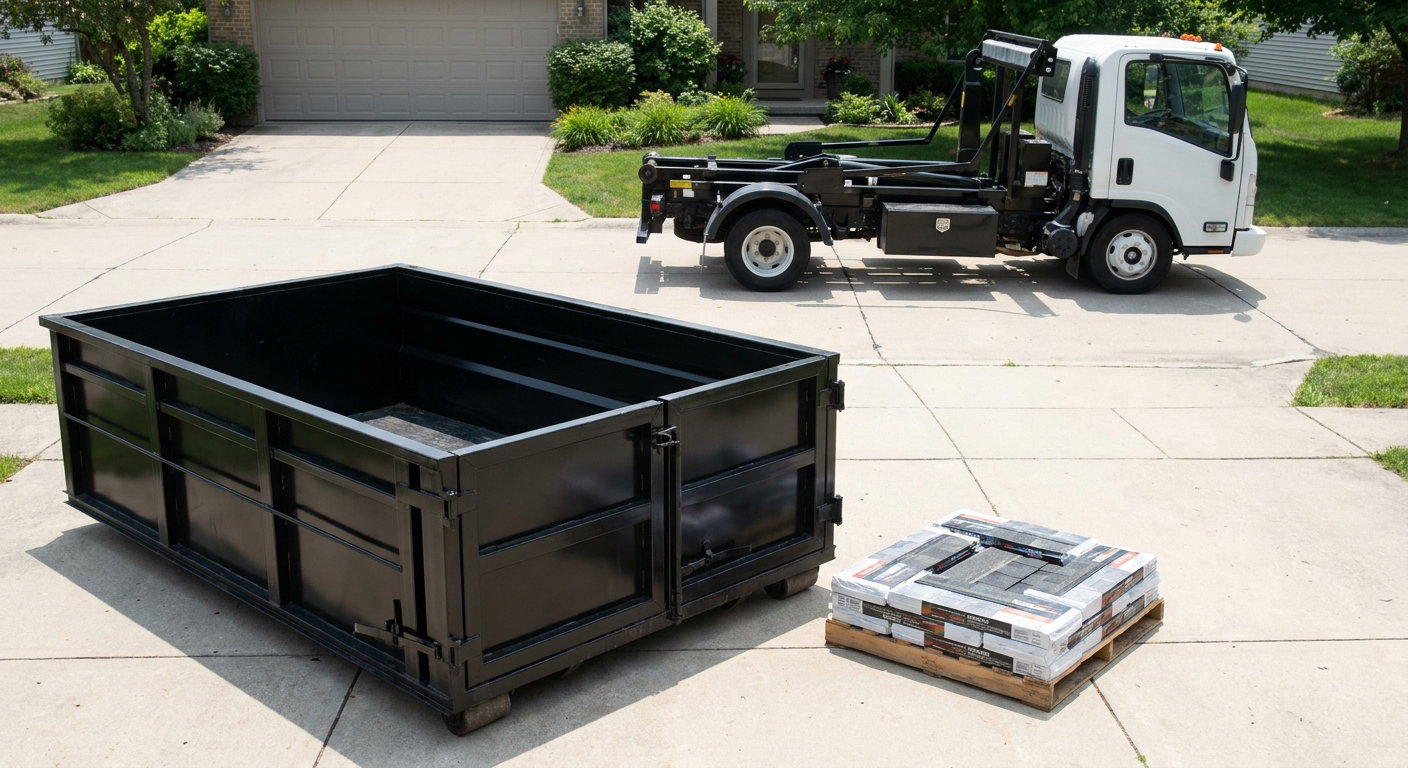 Matte-black 15-yard roofing roll-off dumpster with reinforced low side walls sitting directly on a Tacoma residential concrete driveway, three-tab asphalt shingle bundles stacked nearby, an unmarked white hauler truck partially visible at the edge of the frame.