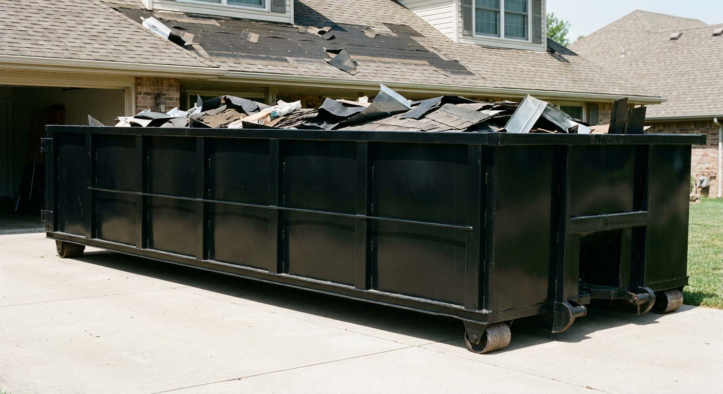 Matte-black 20-yard roofing roll-off dumpster with steel ribbed sides and swinging rear door, sitting directly on the concrete driveway of a two-story Tacoma home, asphalt shingle debris being loaded over the low wall, clean documentary lighting.