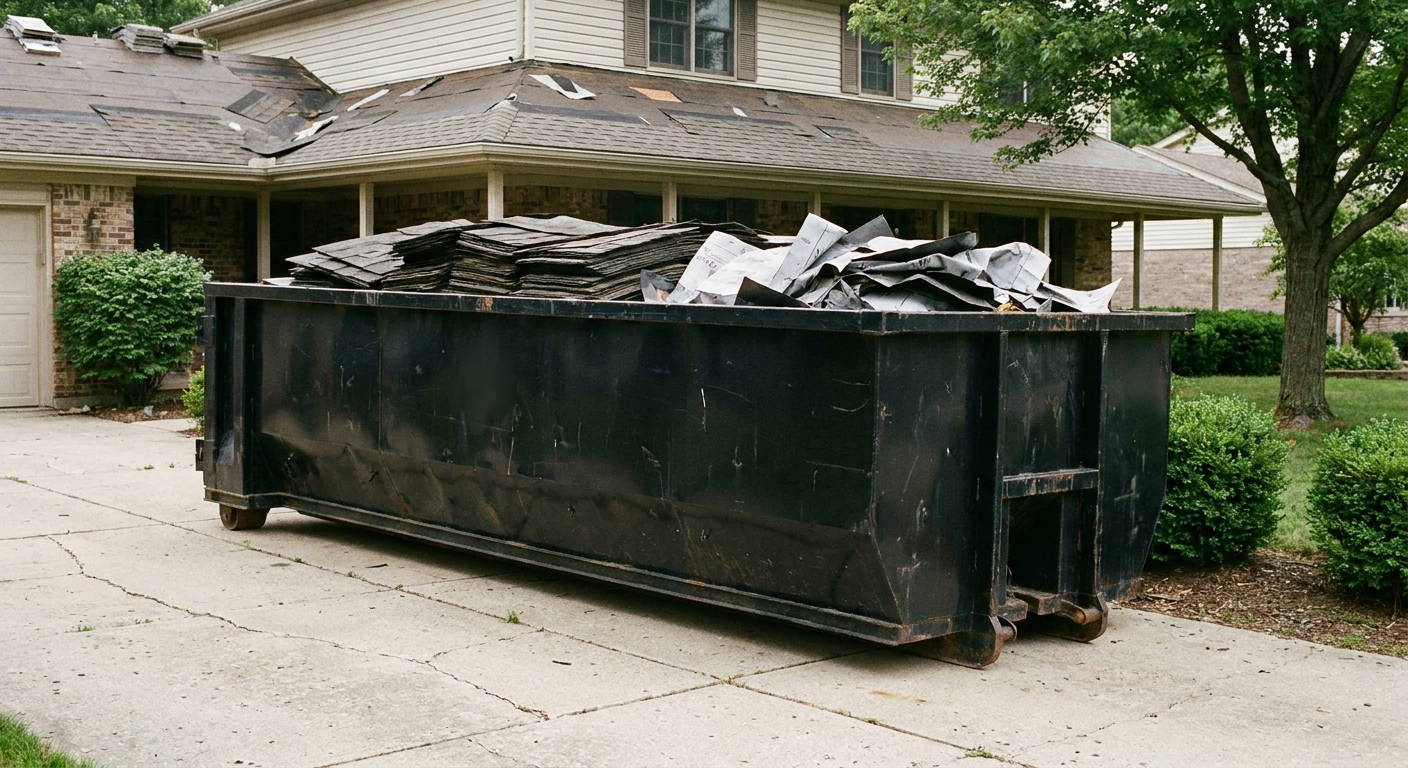 Matte-black 30-yard roofing roll-off dumpster sitting directly on a Tacoma concrete driveway, taller ribbed steel side panels, mixed tear-off debris of asphalt shingles and underlayment inside, professional documentary daylight.