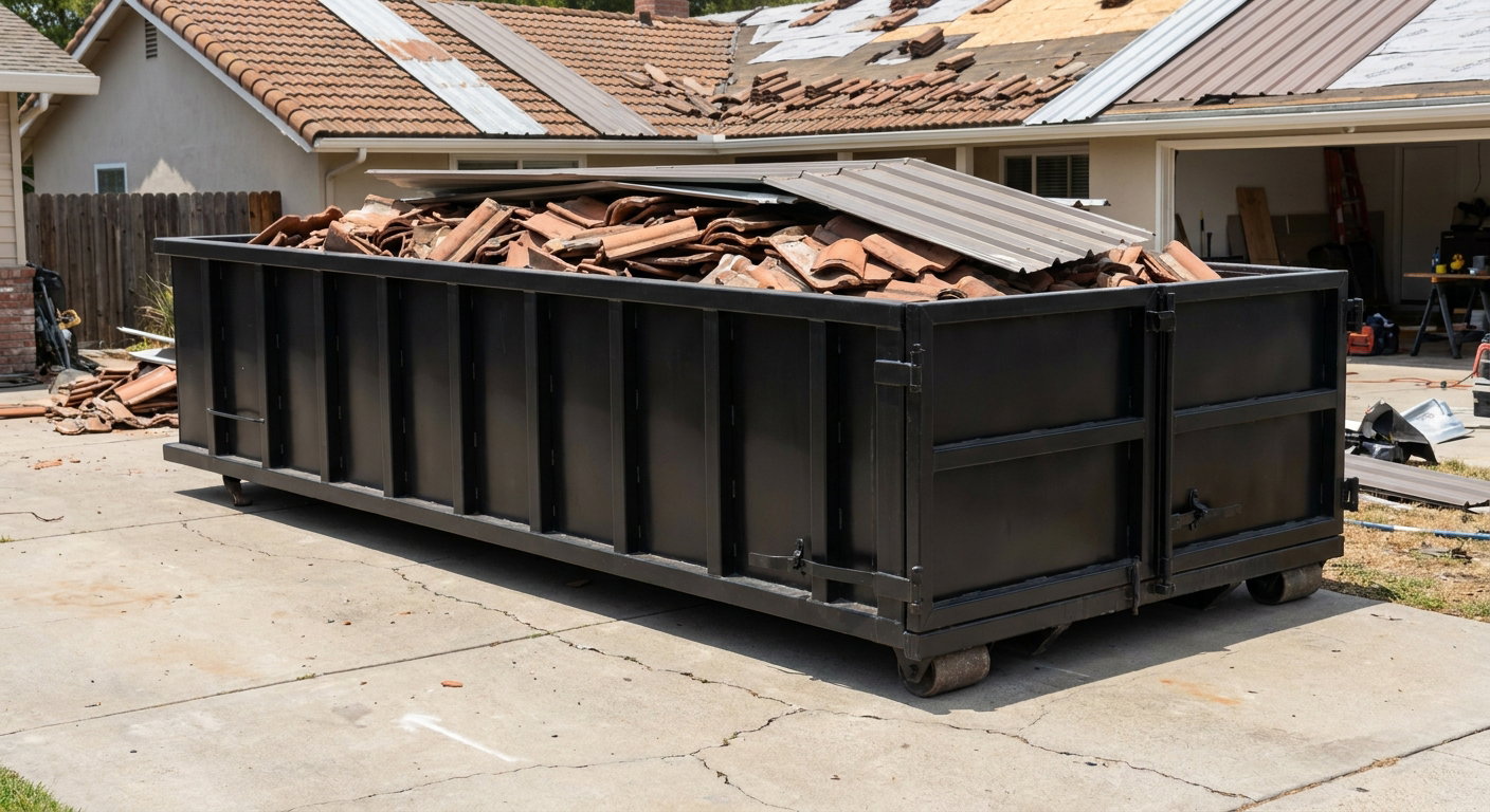 Matte-black low-wall heavy-debris roofing roll-off dumpster sitting directly on a Tacoma concrete driveway, broken concrete clay roof tiles and metal panel sections loaded inside, reinforced ribbed steel side walls visible, bright outdoor daylight.