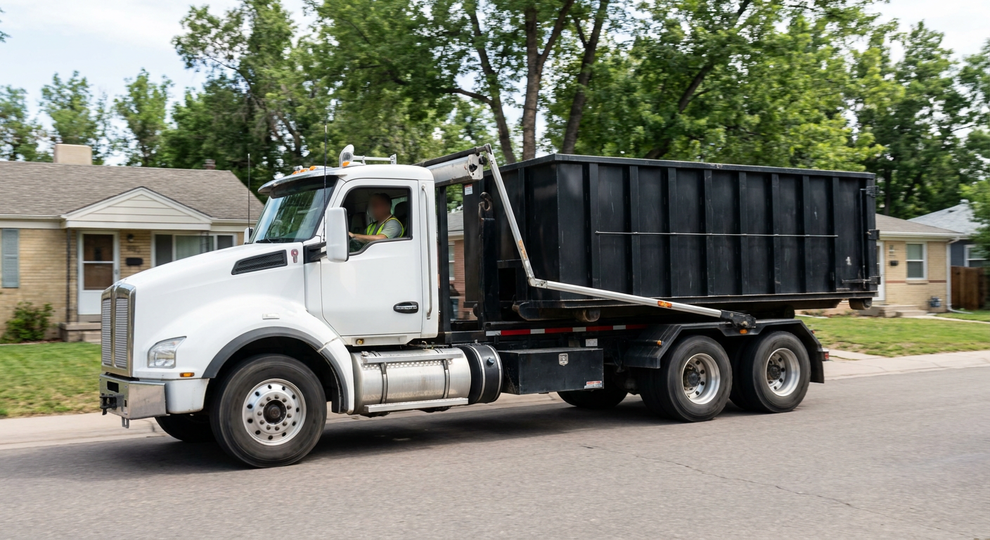 A wide documentary shot of a matte-black roll-off delivery truck pulling onto a quiet Tacoma residential street at mid-morning, with neighborhood rooftops and tree-lined blocks visible behind, showing the metro coverage footprint.