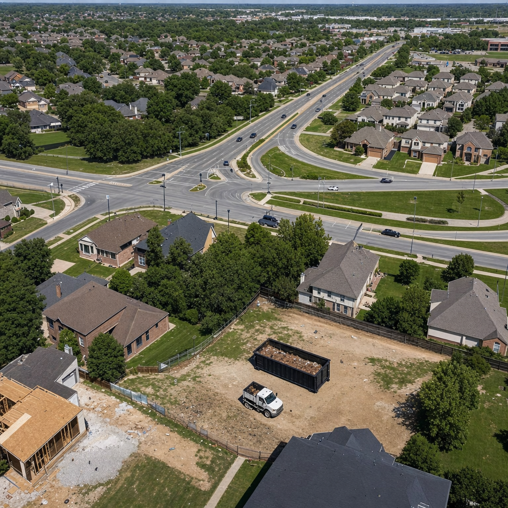 An overhead documentary view of the Tacoma metro area at midday, showing the spread of neighborhoods, arterial roads, and the dispatch radius from a central yard — clean daylight, organized geographic layout.