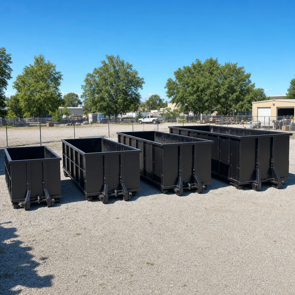 A clean lineup of matte-black roll-off dumpsters in 10, 20, 30, and 40-yard sizes staged on a sunlit gravel yard in Tacoma, showing the size progression from compact to commercial-scale containers.
