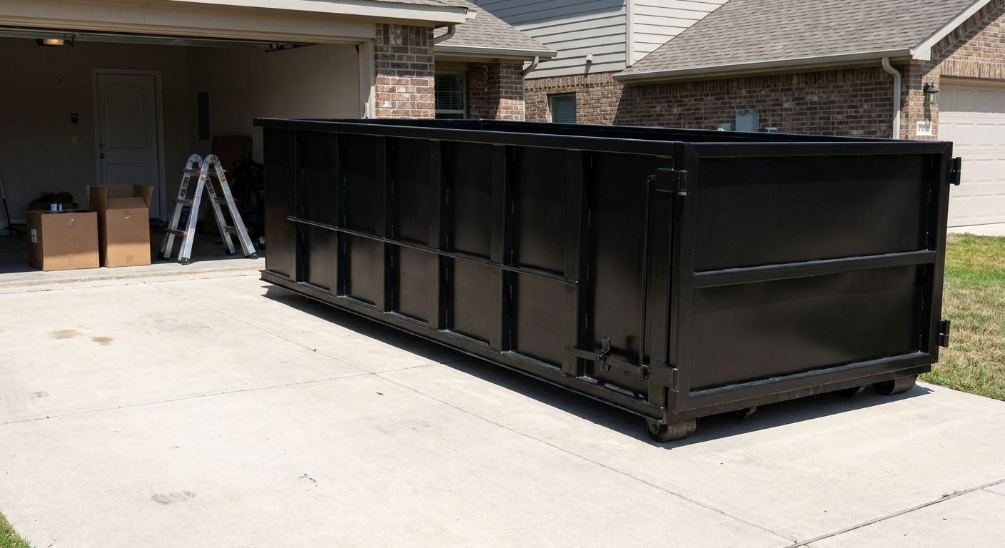 A matte-black 10-yard roll-off dumpster sitting directly on a residential Tacoma concrete driveway, mid-day sunlight, clean and ready for a garage cleanout.