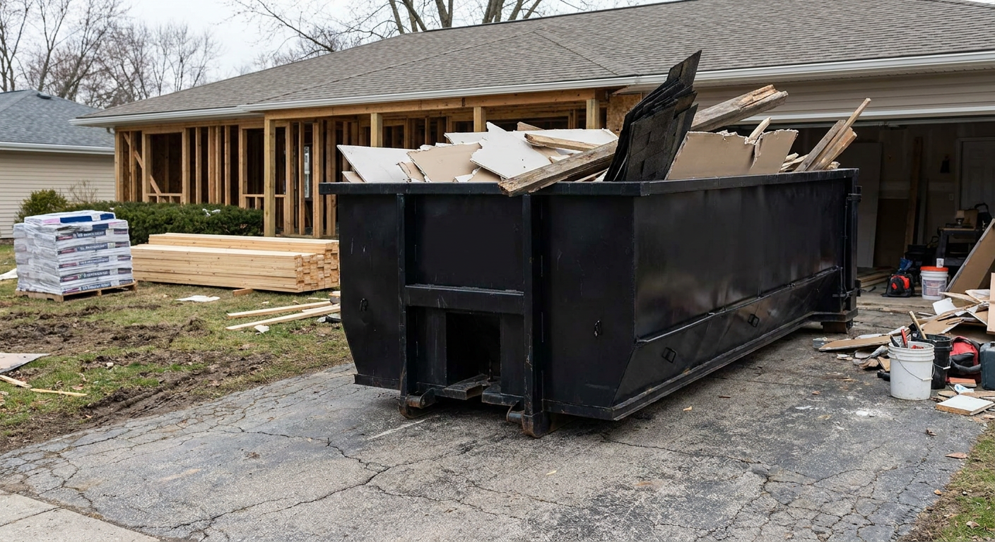 A matte-black 20-yard roll-off dumpster placed alongside a mid-renovation Tacoma home directly on the asphalt driveway, with framing materials and torn-off shingles staged neatly nearby.
