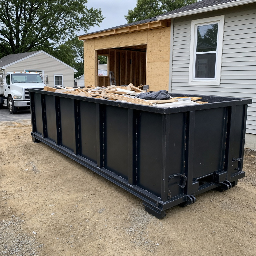 A matte-black 30-yard roll-off dumpster positioned at a Tacoma residential addition jobsite, with framing lumber and drywall scraps loaded through the open swinging rear doors.