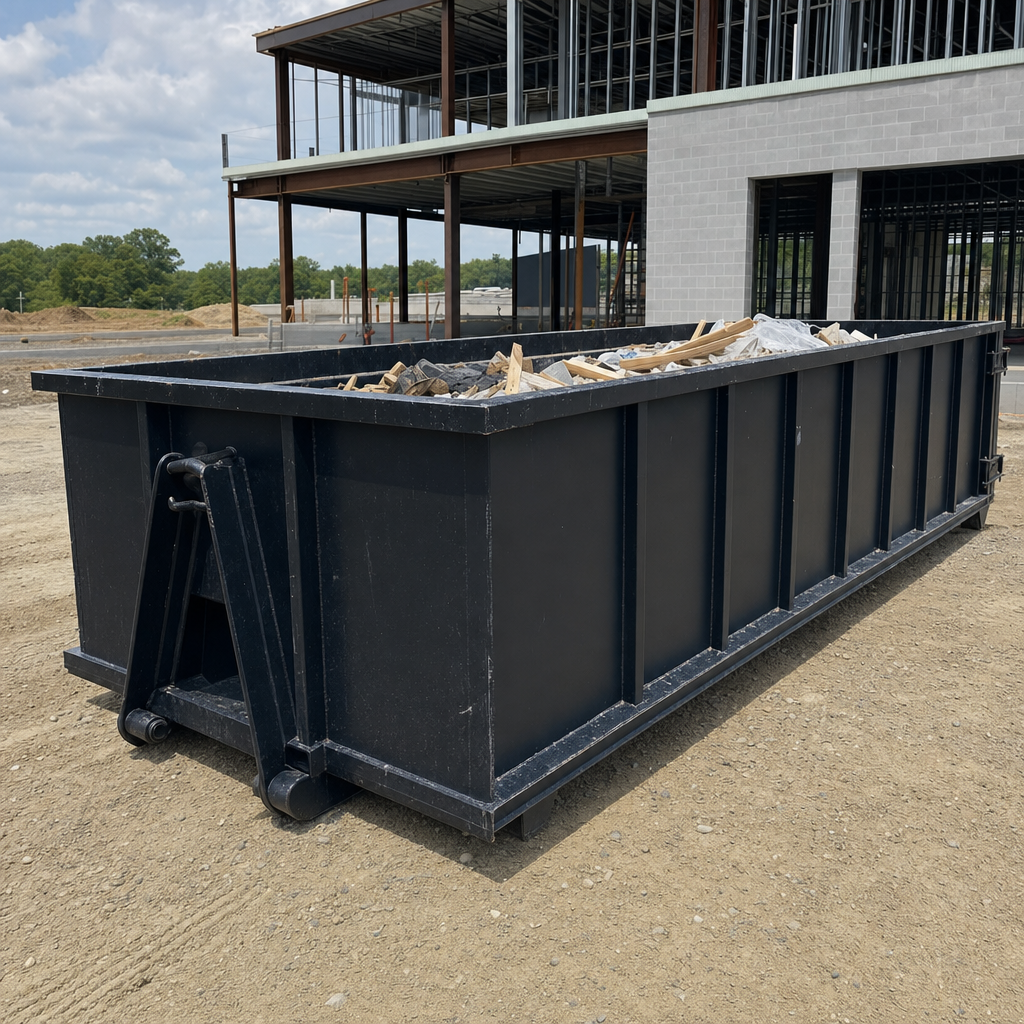 A matte-black 40-yard roll-off dumpster staged on a large Tacoma commercial construction lot, with a hooklift delivery truck parked alongside under bright midday sky.