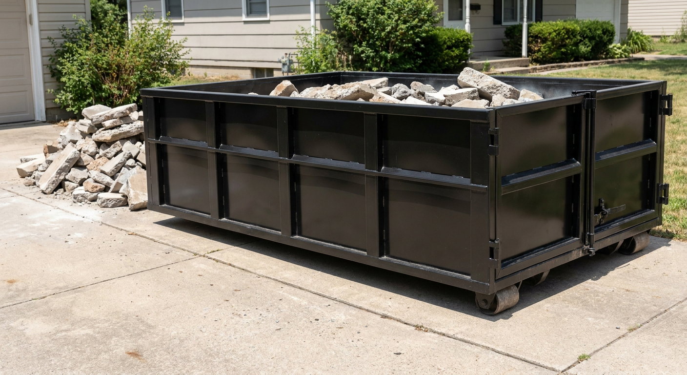 A matte-black low-side heavy-debris roll-off dumpster placed directly on a Tacoma concrete driveway, with broken concrete chunks neatly stacked beside it under clean daylight.